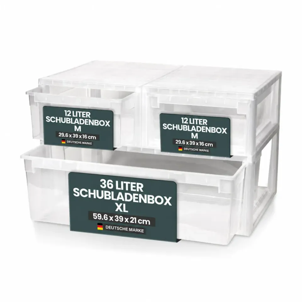 Kreher Schubladenbox Set XL 36L + 2x M 12L Transparent