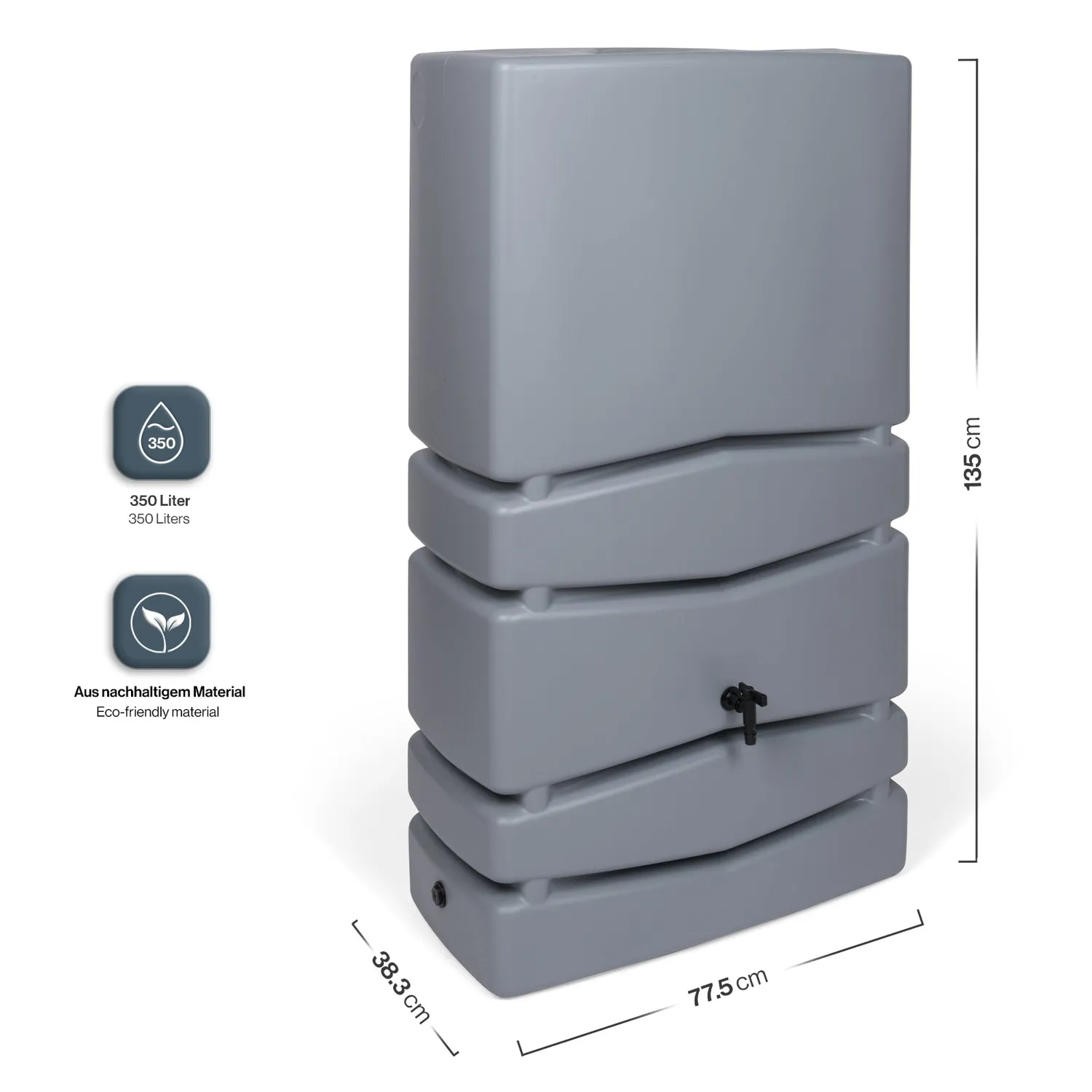 Kreher Aqua Tower Regentonne 350 Liter grau mit Hahn
