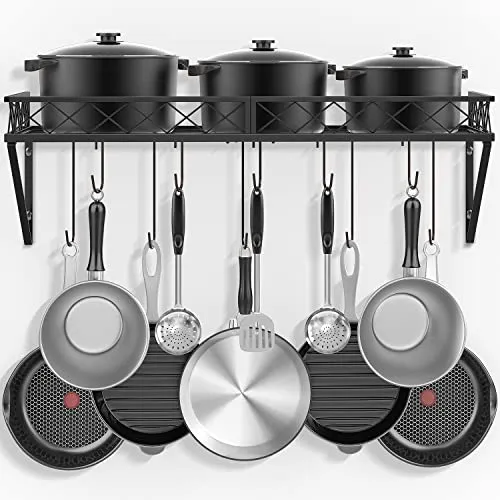 BOMCLAP Küchenregal Pfannenhalter Eisen schwarz 70 cm mit 10 Haken