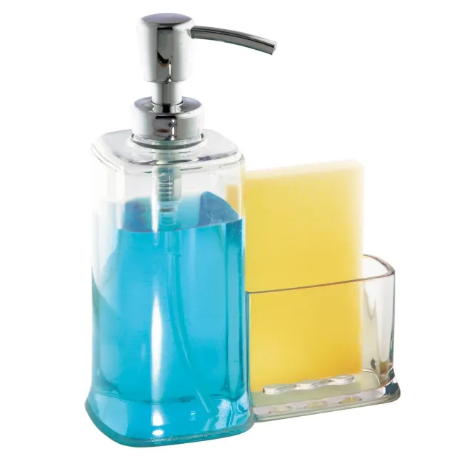 mDesign Seifenspender 473 ml mit Schwammhalter transparent