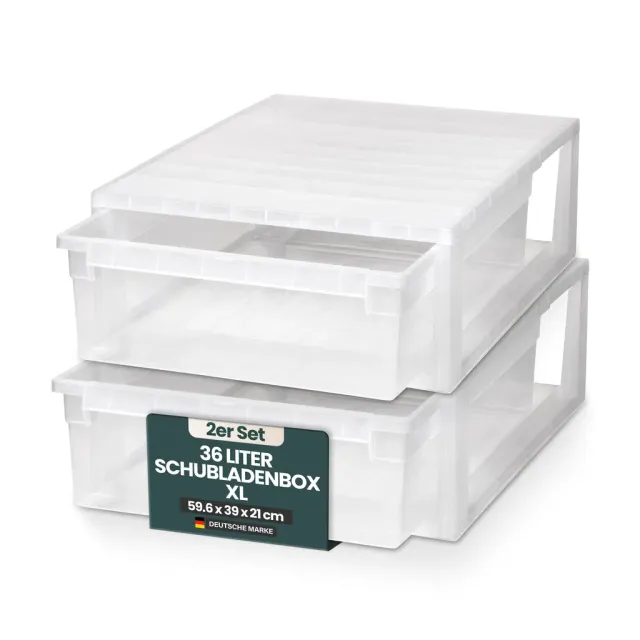 Kreher Schubladenbox XL 36L transparent 2er-Set stapelbar