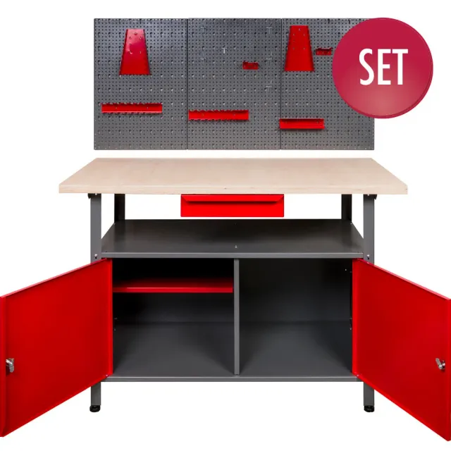 Kreher Werkbank-Set 120 cm Rot mit Lochwand 3-tlg.