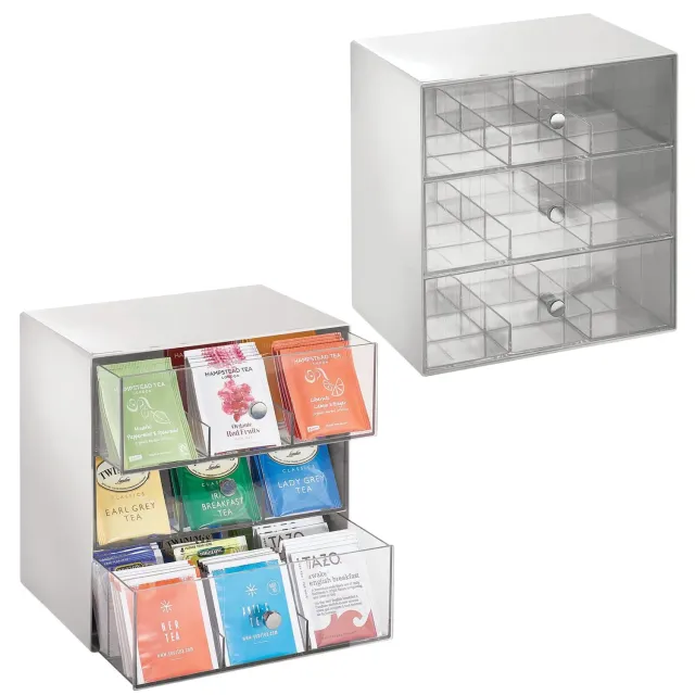 M Design Teebox Kunststoff 2er-Set grau 27 Fächer 3 Schubladen