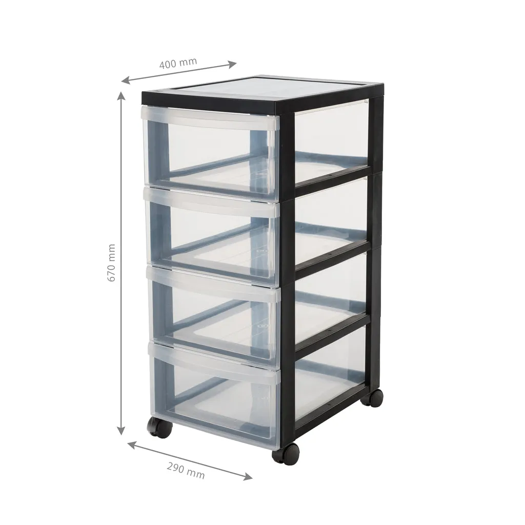 Kreher Rollwagen 4 Schubladen Rollcontainer Schwarz Transparent