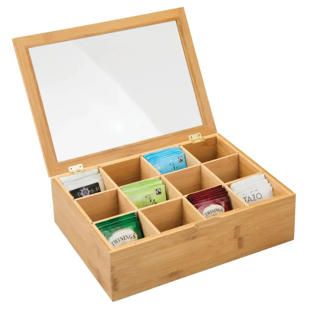 mDesign Teebox Teekiste Holz 12 Fächer bambus mit Sichtfenster
