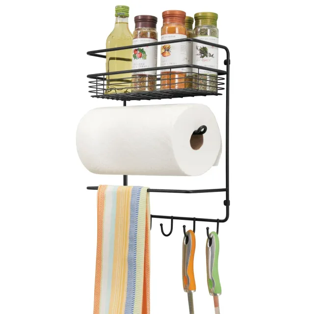 mDesign Papierrollenhalter Wandregal Korb 4 Haken Schwarz