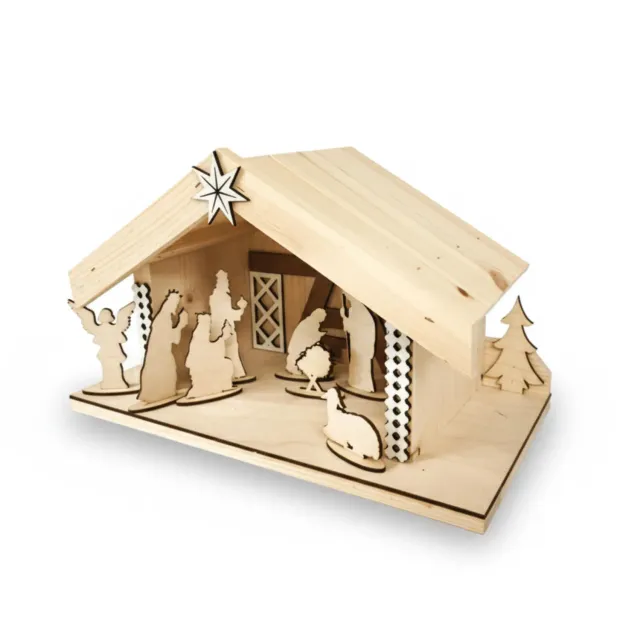 GoodFreshDecor Weihnachtskrippe Holz 8 Figuren 39 cm Natur
