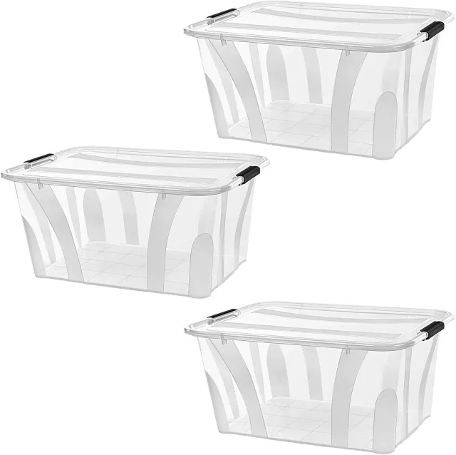 astor24 Aufbewahrungsbox 55L 3er-Set transparent Deckel