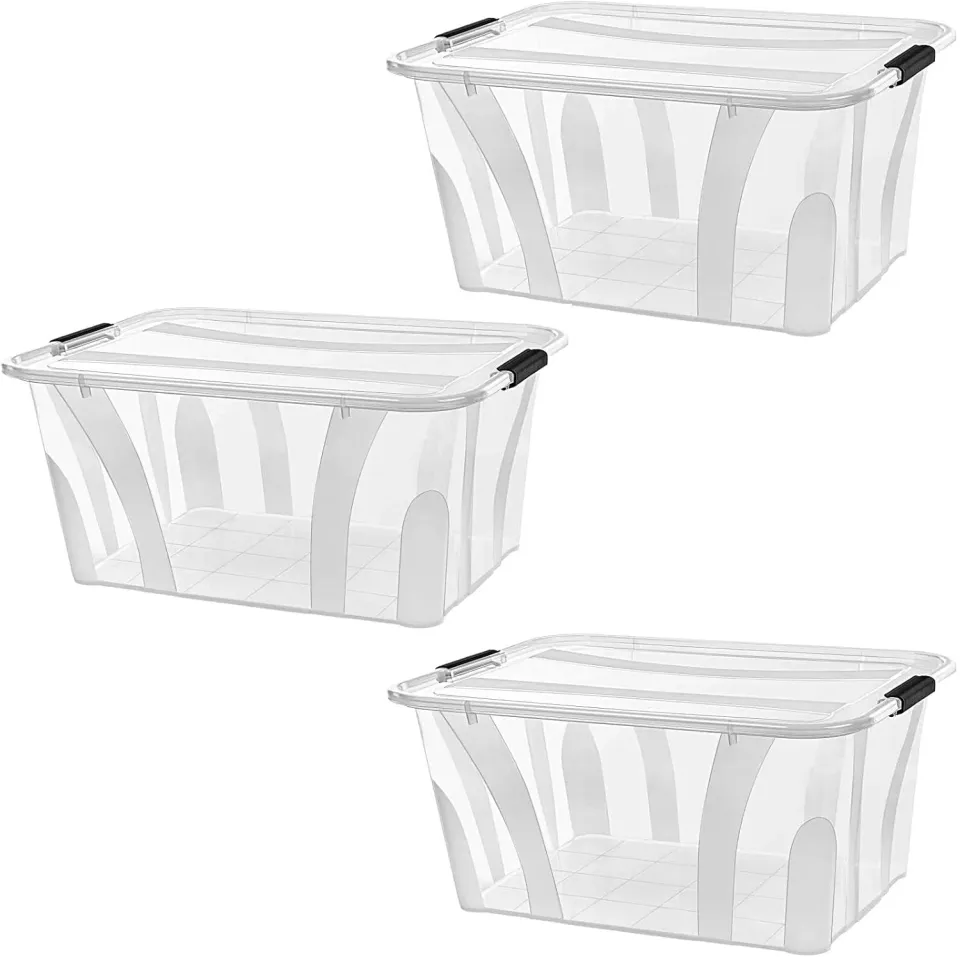 astor24 Aufbewahrungsbox 55L 3er-Set transparent Deckel