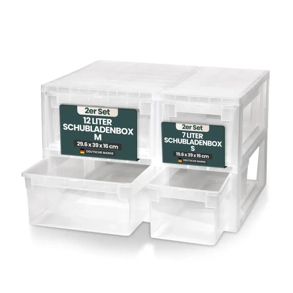 Kreher Schubladenbox M+S Set 38L transparent 4er Bundle 12L+7L
