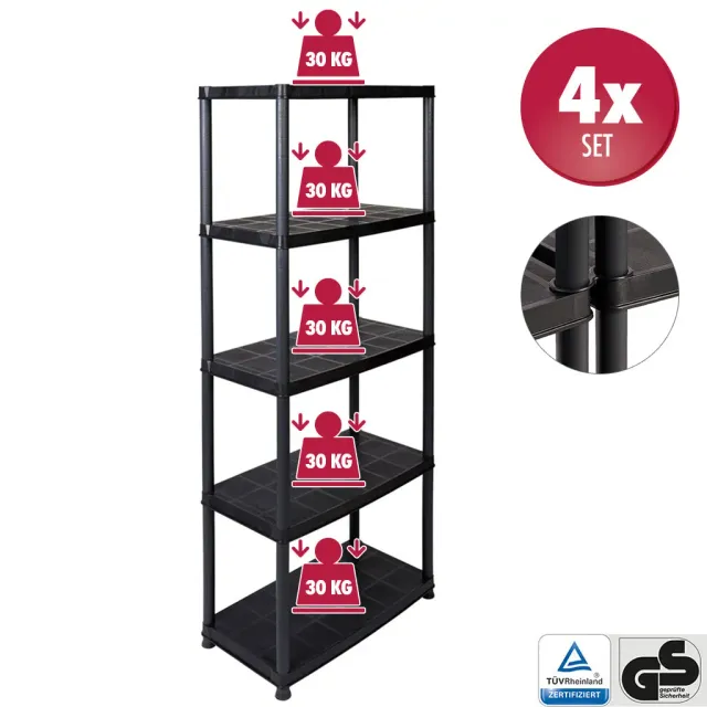 Kreher Platin Kunststoffregal Schwarz 5 Böden 4er-Set
