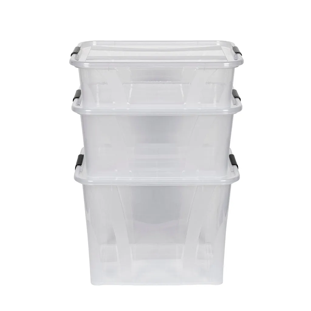 Kreher Master Boxen mit Deckel 21+32+55L transparent 3er Set Clip