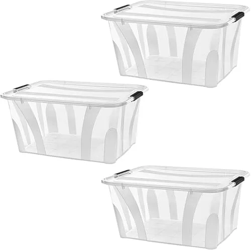 astor24 Aufbewahrungsbox 55L 3er-Set transparent Deckel