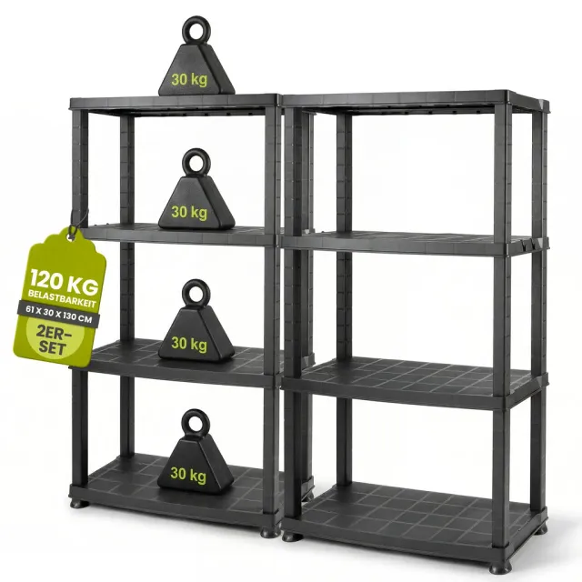 Kreher Neo Kunststoffregal 4 Böden schwarz 30 kg 2er-Set TÜV