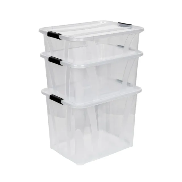 Kreher Master Boxen mit Deckel 21+32+55L transparent 3er Set Clip