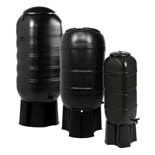 Kreher Regentonne Set schwarz 100L mit Hahn Standfuß Automat