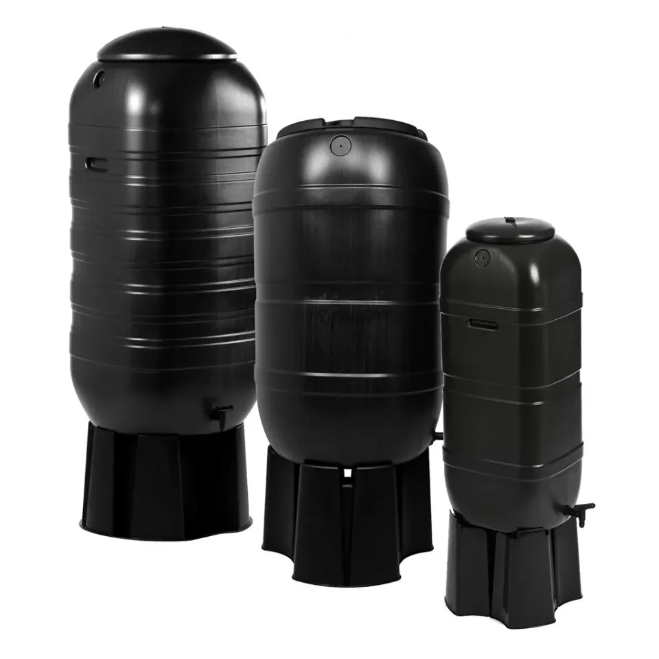Kreher Regentonne Set schwarz 100L mit Hahn Standfuß Automat