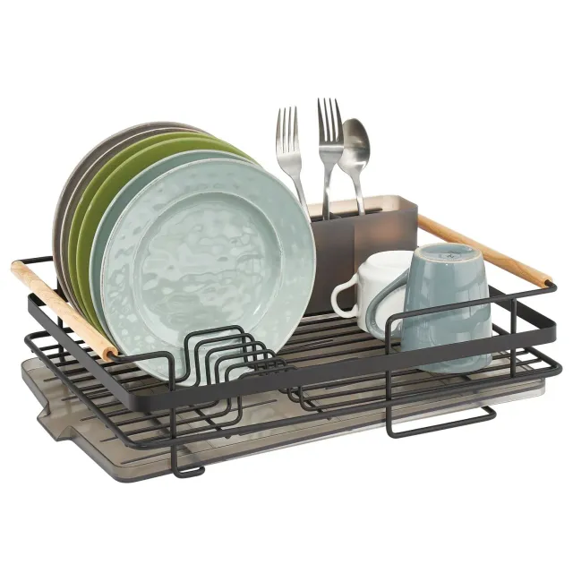 mDesign Geschirrabtropfer Metall mattschwarz mit Holzgriffen