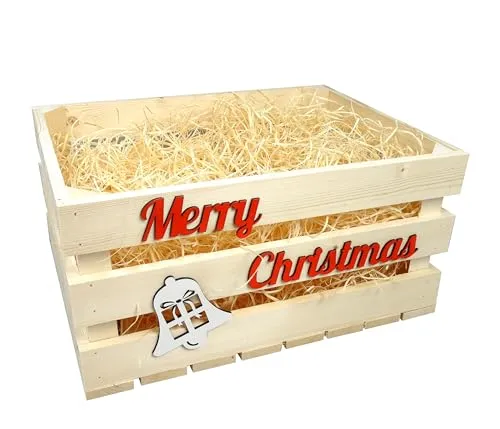 GoodFreshDecor Holzkiste 40x30x20 Merry Christmas Holzwolle