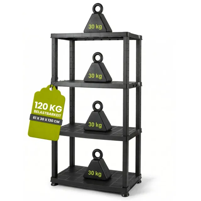 Kreher Neo Kunststoffregal 4 Böden Schwarz 30kg Haken