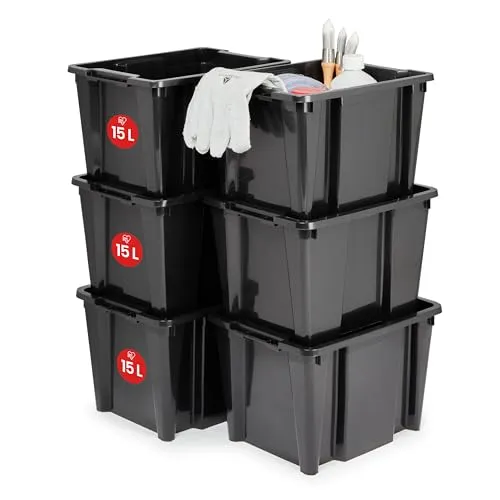 Iris Ohyama HB-15 Aufbewahrungsbox schwarz 15L 6er-Set offen