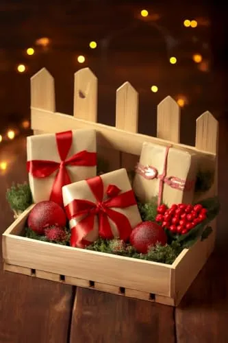 GoodFreshDecor Holzkiste Weihnachten 40x26x35 Natur mit Zaun