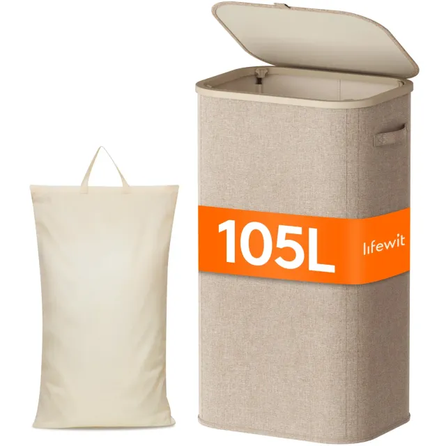 Lifewit 105L Wäschekorb mit Deckel Beige reissfest