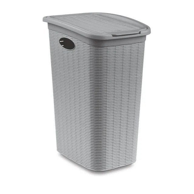 Kreher Wäschesammler XL 36 Liter Rattan-Optik Grau mit Deckel