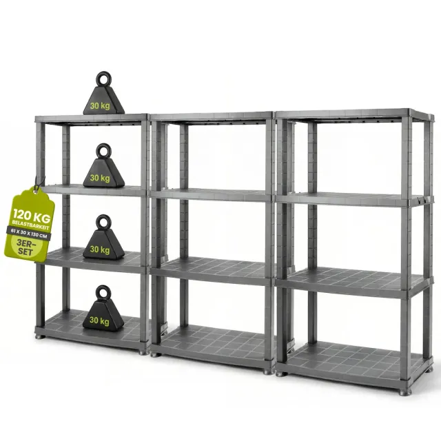 Kreher Neo Kunststoffregal 4 Böden 3er Set Grau 30 kg
