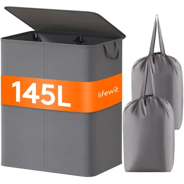 Lifewit 145L Wäschekorb mit Deckel Grau 2 Fächer