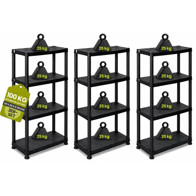 Kreher Primo Kunststoffregal 12 Zoll Regal 3er Set Schwarz 100kg