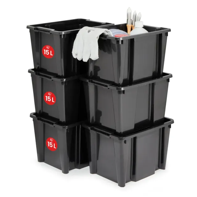 Iris Ohyama HB-15 Aufbewahrungsbox schwarz 15L 6er-Set offen