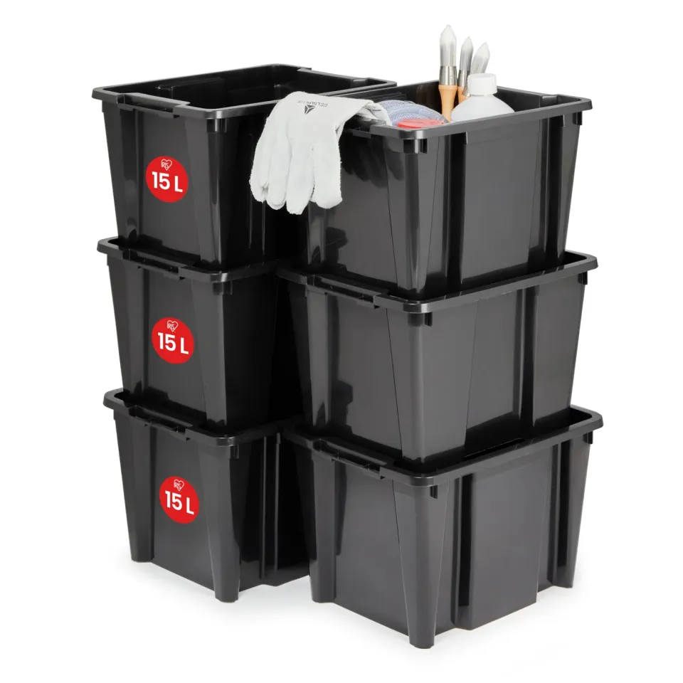 Iris Ohyama HB-15 Aufbewahrungsbox schwarz 15L 6er-Set offen